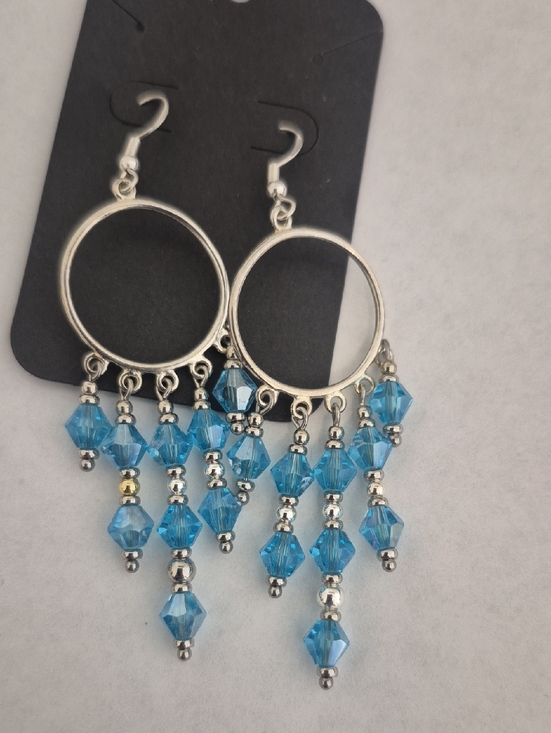 Bearheart Baubles Jewelry - Blue Crystal Beaded Hoop Dangle Earrings With Sterling Hooks